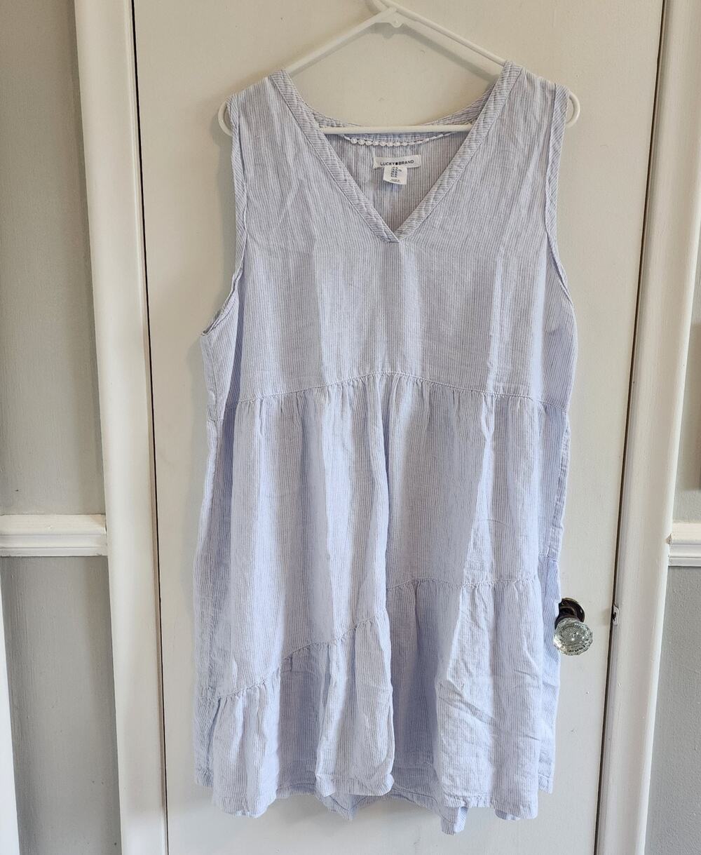 Lucky Brand 100% Linen XL Dress Tiered Blue White Striped Sleeveless Coastal
